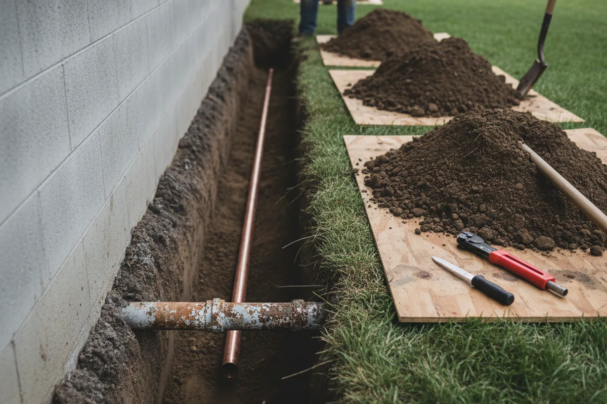Excavated water line trench during Water Heater Repair in Salesville